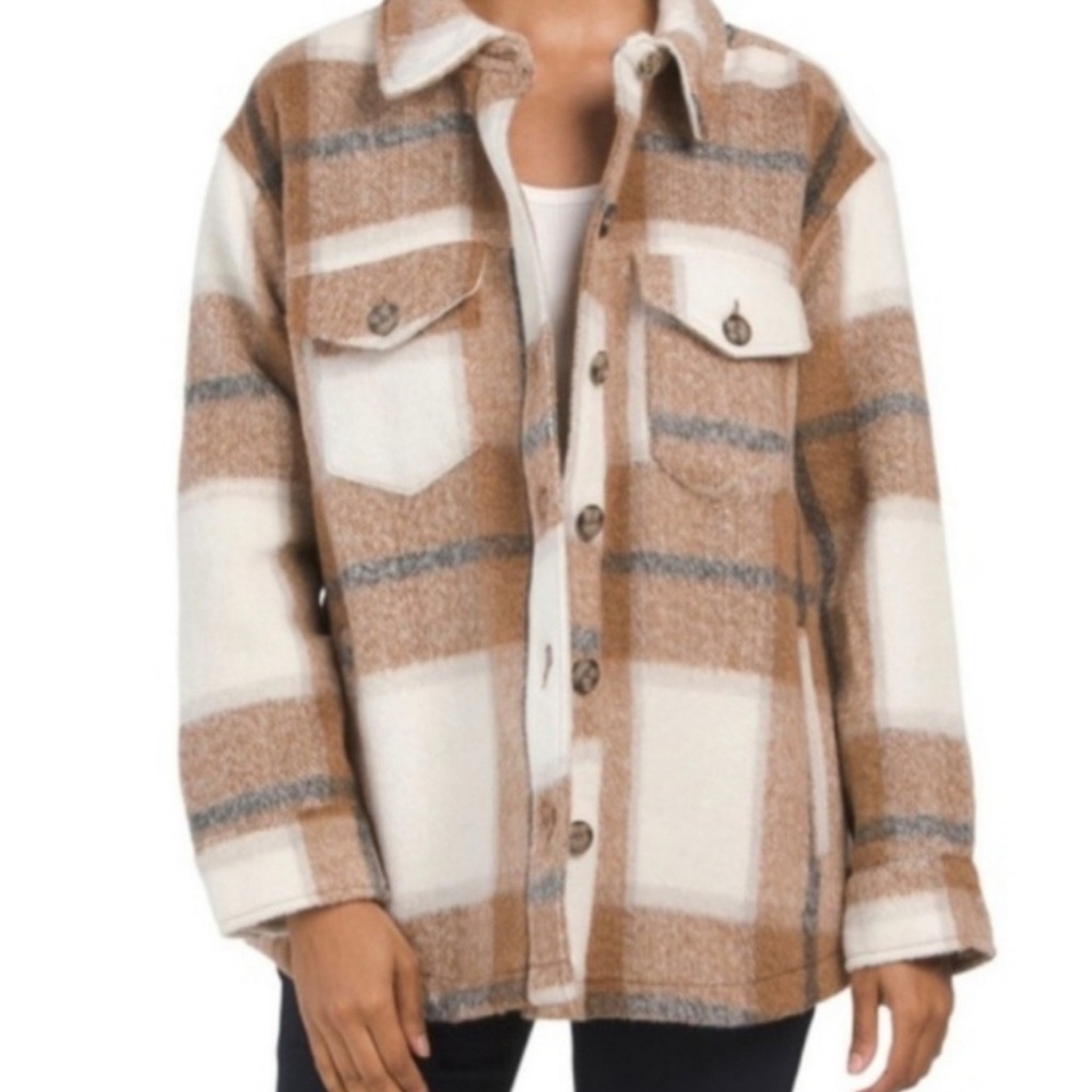 Avec Les Filles Tan and White Plaid Utility Jacket
